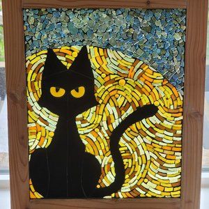 Stained Glass on Glass Mosaic "Midnight" Black cat with moon and sky